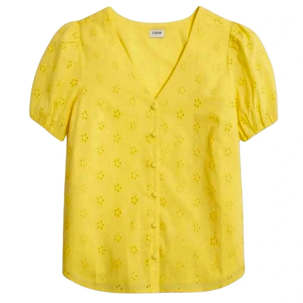 J. CREW yellow puff short sleeve eyelet button up cotton lined V-neck blouse L - Picture 1 of 10